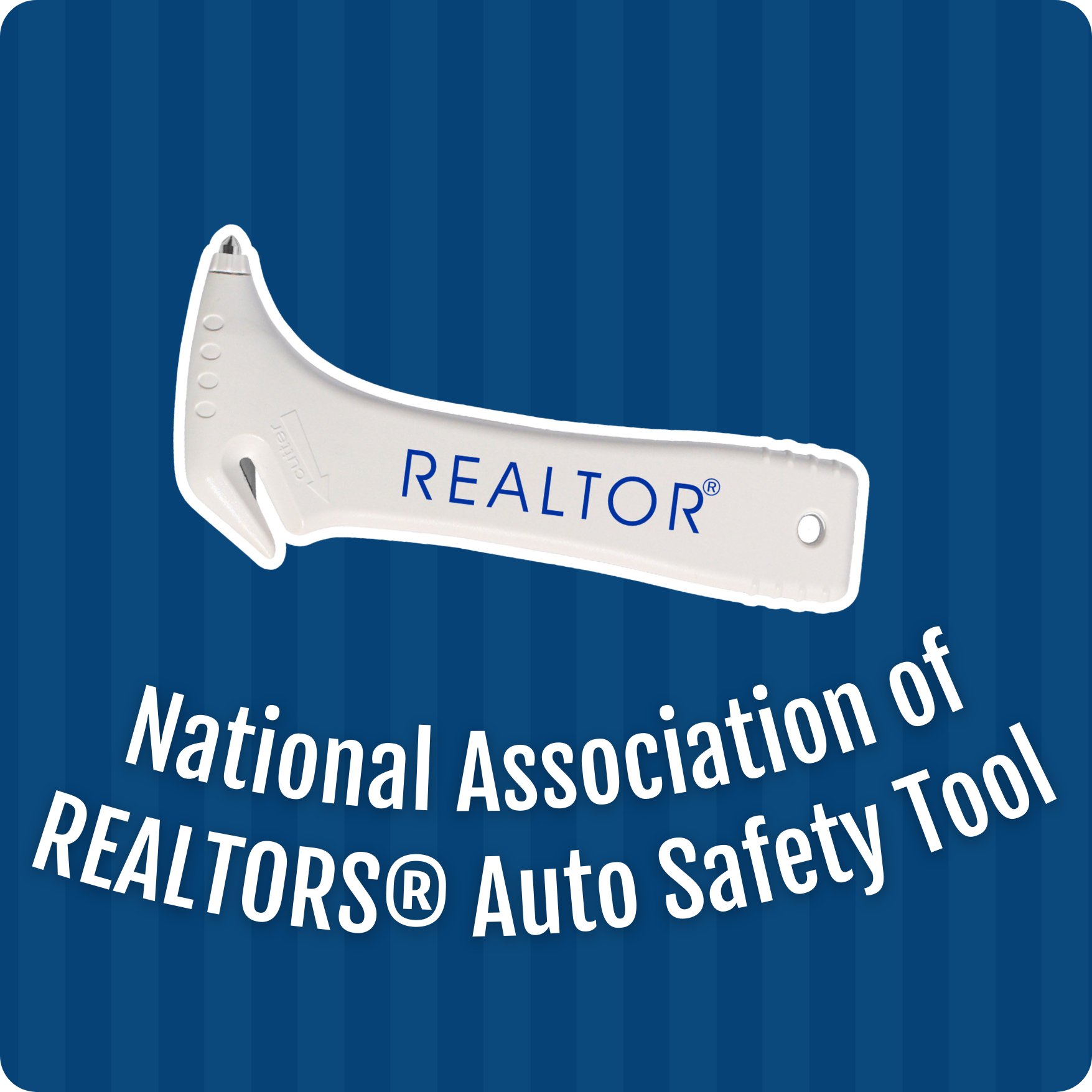image of a white realtor branded auto safety tool on a blue lined background 